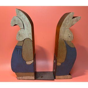 Handmade 1970's Rabbit Bunnies Bookends Hand Carved Wood Painted Male and Female
